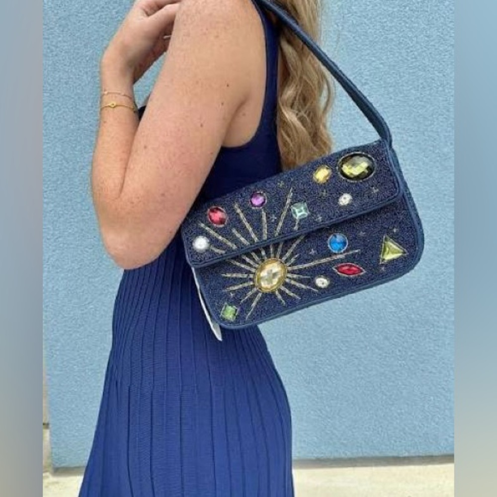 πΊπHPππΊ NWT Staud Beaded Tommy Shoulder Bag Navy Celestial π Rare π - Picture 12 of 16